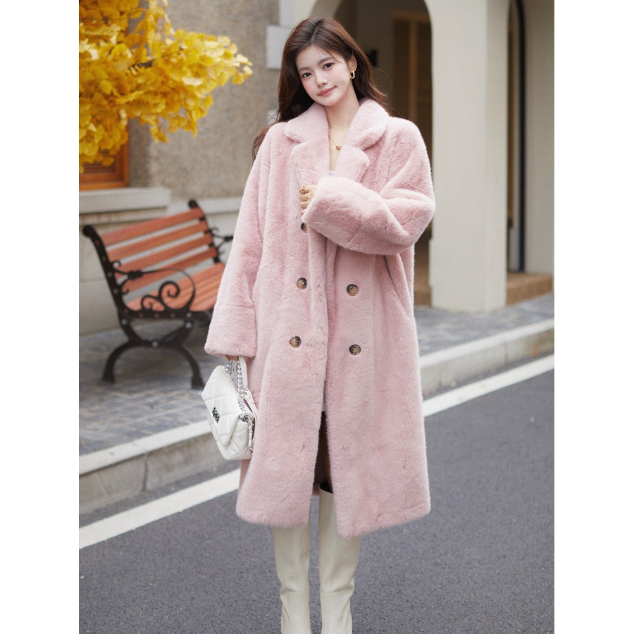 秋季加厚长款西服领仿水貂绒皮毛一体毛毛环保皮草女外套大衣