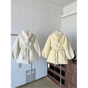 菱格夹羽绒韩系宽松白鸭绒外套女冬季高级松弛感灯笼袖加毛领大衣