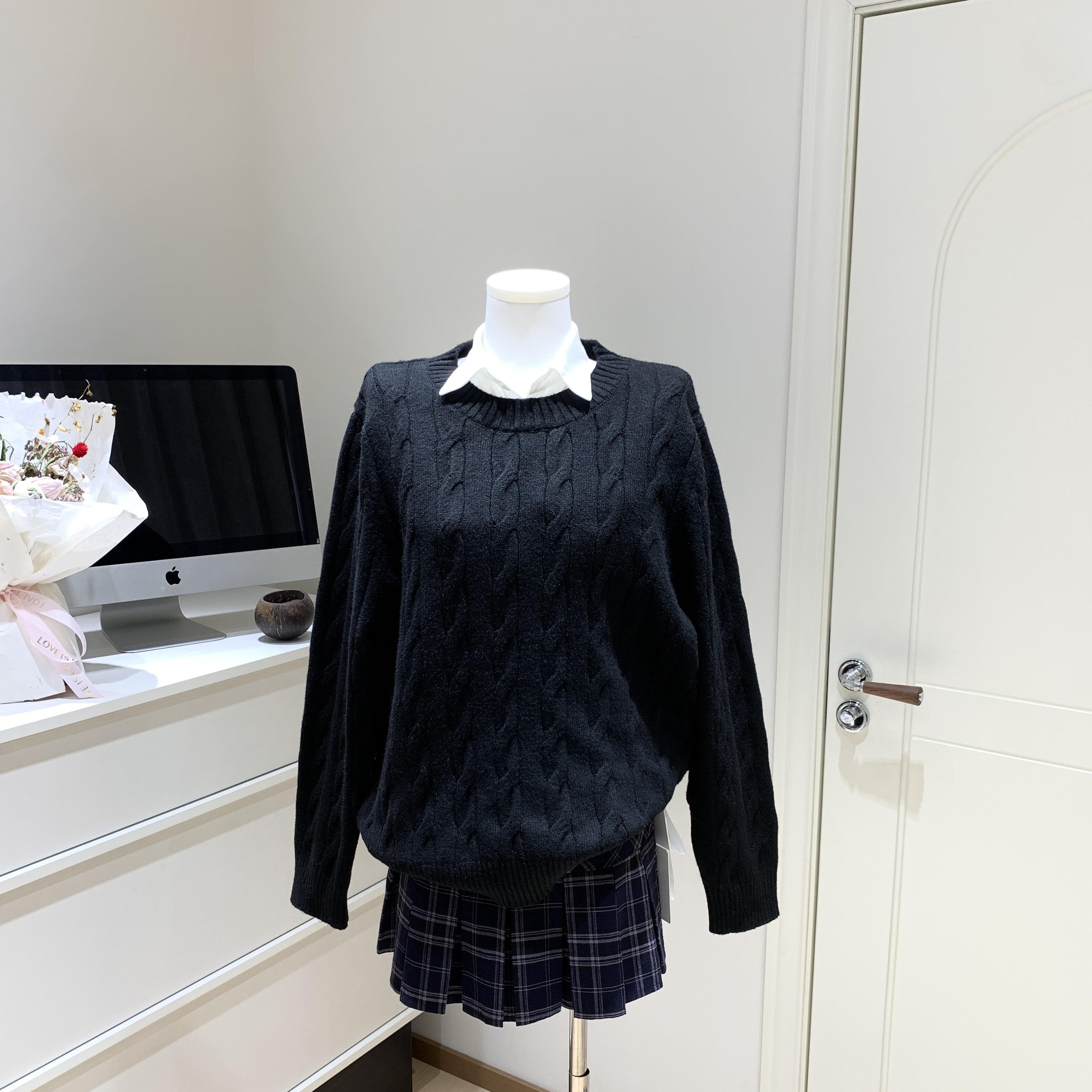 cookadaily人鱼 麻花套头毛衣修身压褶长袖衬衫上衣宽松设计感