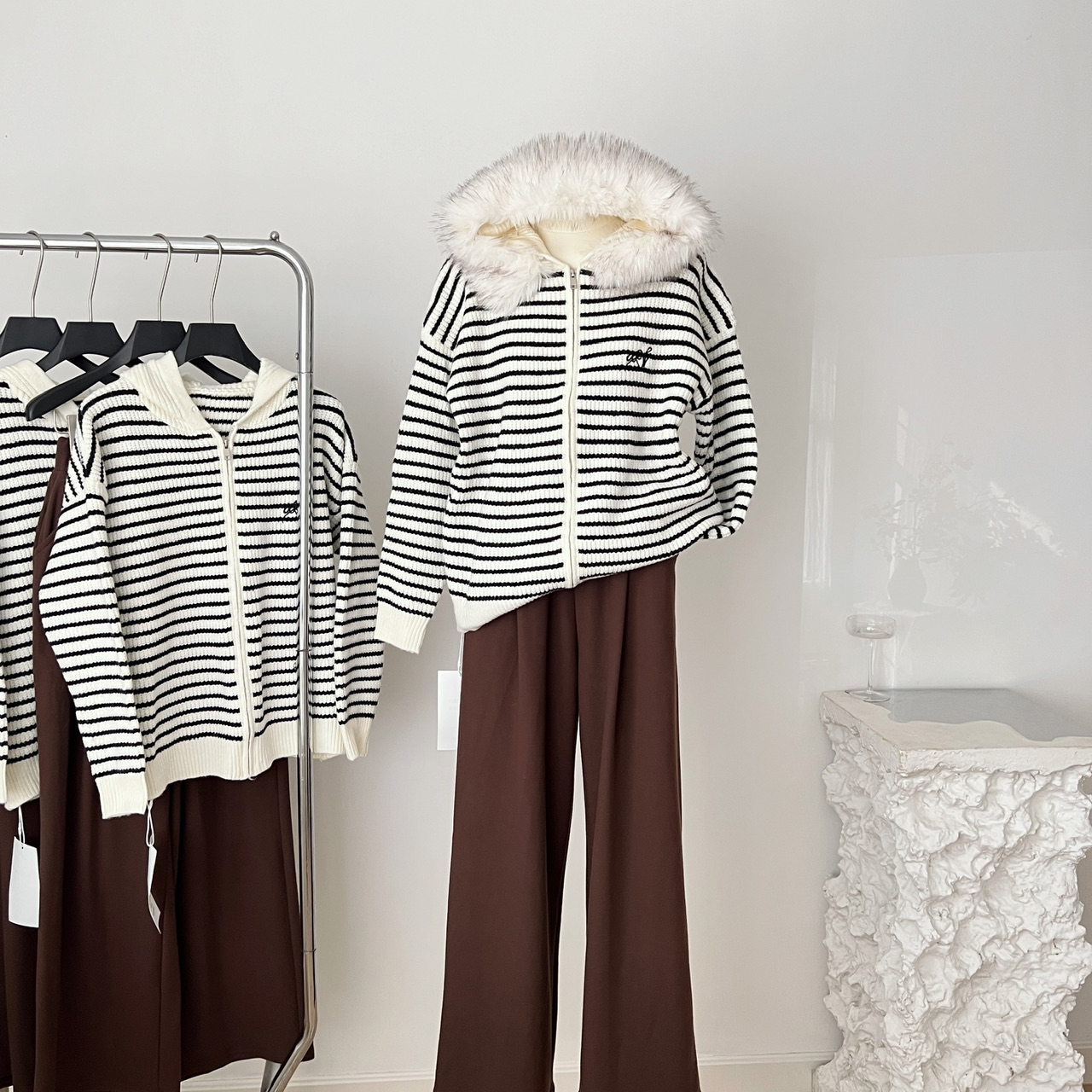 新品 WESTAYONE毛领针织毛衣拉链外套女款秋+咖色针织加绒裤