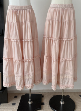 Hellooo Eat 长绒棉复古文艺蕾丝半身裙2026重工花边松紧腰中长裙