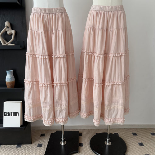 Hellooo Eat 长绒棉复古文艺蕾丝半身裙2026重工花边松紧腰中长裙