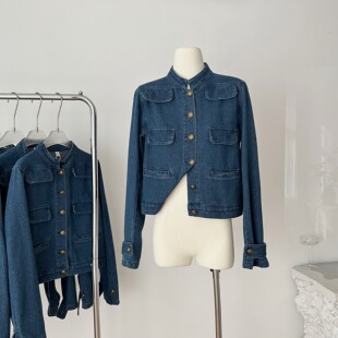 精选 番茄侠中古立领正肩金扣口袋丹宁牛仔外套上衣女秋