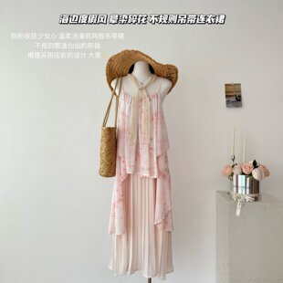 陈文文xenl桃之夭夭小个子春夏海边度假风晕染碎花吊带连衣裙