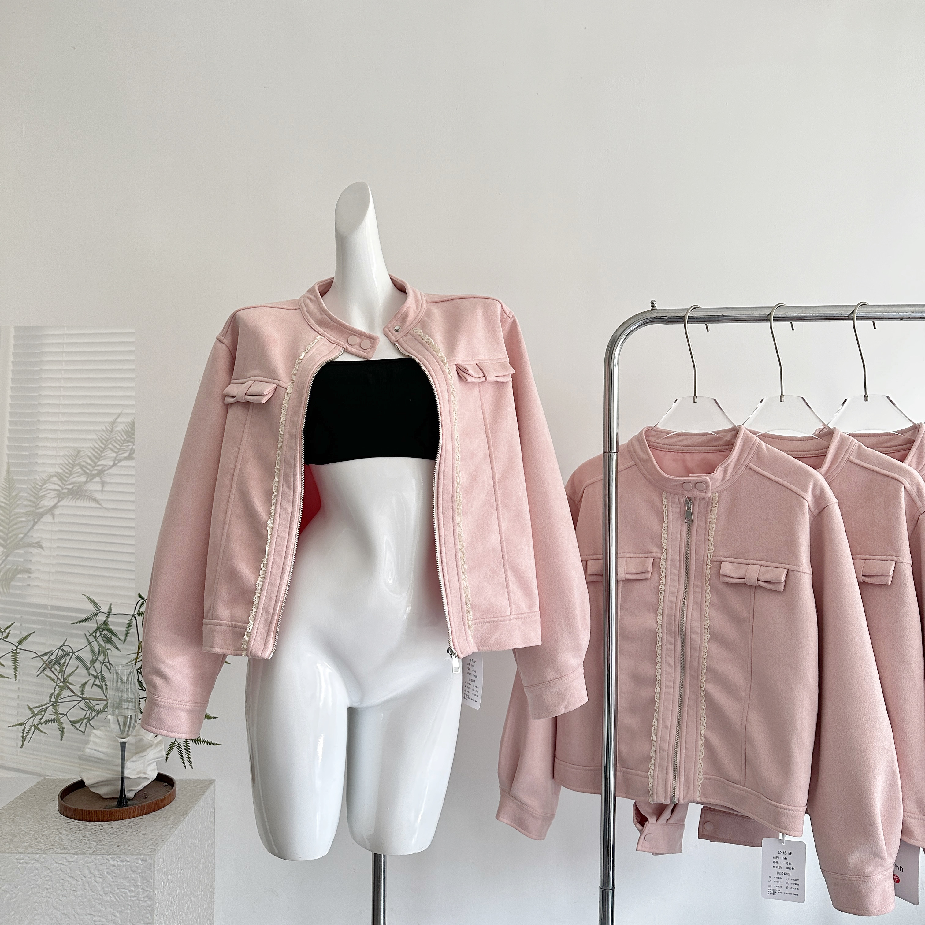 Acaine短款长袖粉色廓形麂皮外套女秋季美式棒球服夹克显白上衣