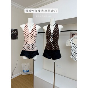 白水女 黛丽小姐 V领波点吊带背心女夏纹理开衫浪漫气质纯欲上衣