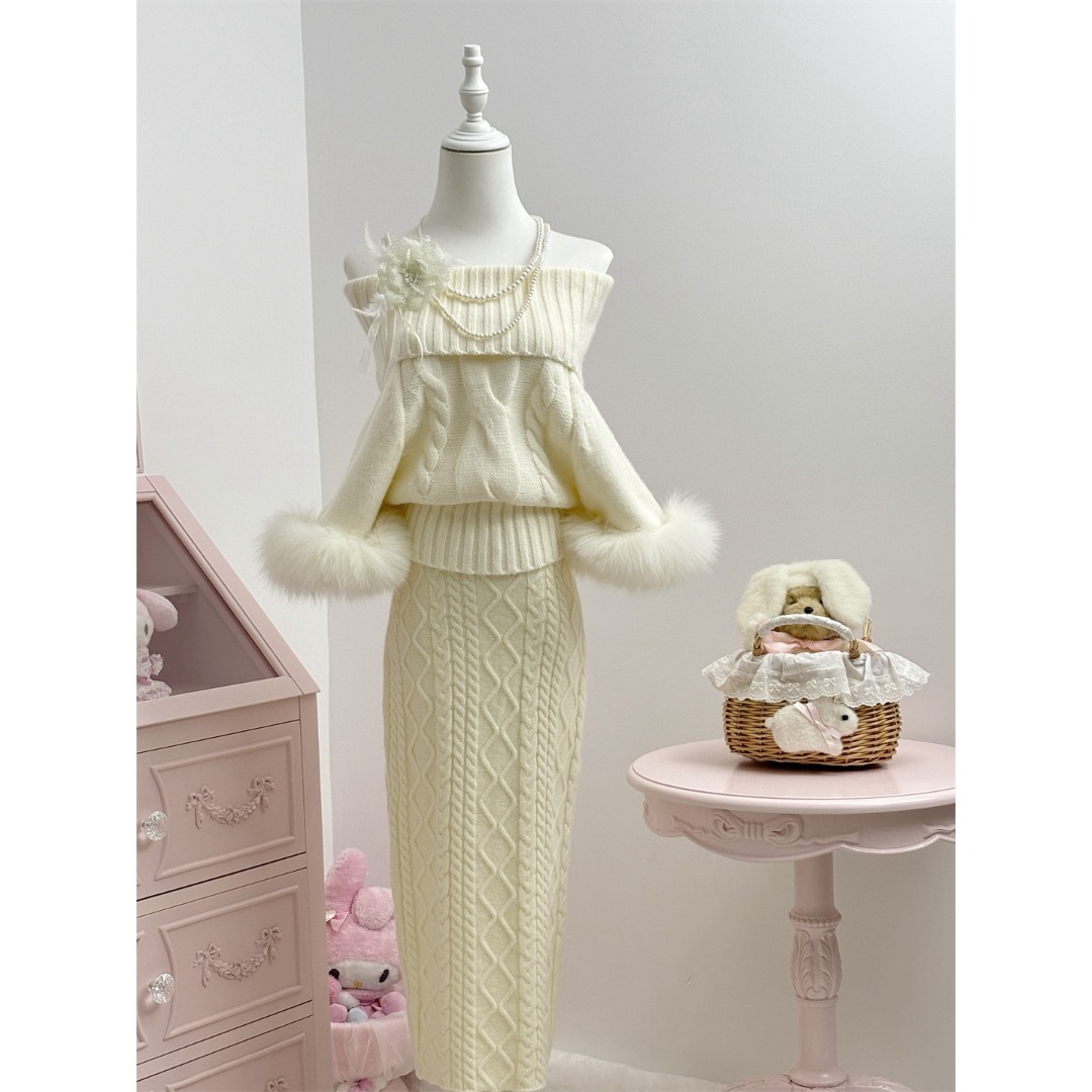 SISI JIANG”北海道初雪“时尚气质高领麻花纹休闲套装休闲半裙