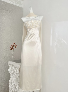 rovente 流光盛宴白色抹胸连衣裙女修身显瘦披肩亮片名媛礼服长裙