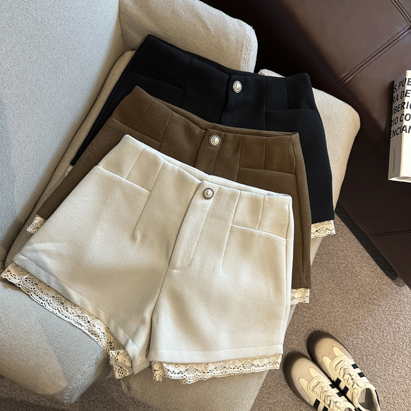 甜美蕾丝边修身显瘦毛呢短裤秋冬高腰裤子女