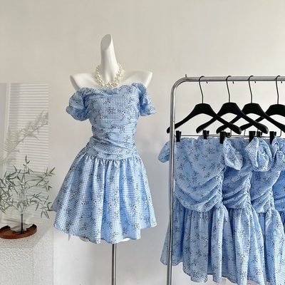 shareinin  冰河蓝 格子紫色小碎花 褶皱一字领连衣裙