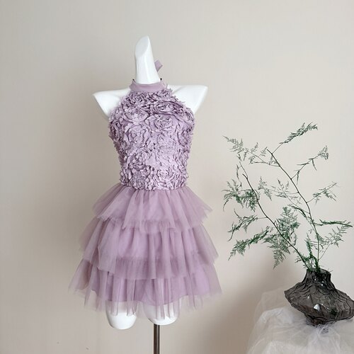 Barb Chill雾紫芭蕾香芋紫提花连衣裙女夏季纯欲挂脖网纱短裙