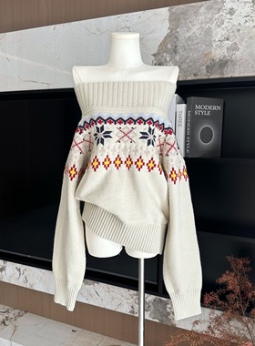 MAXMENT复古费尔岛提花粗针一字肩宽松厚实秋冬毛衣