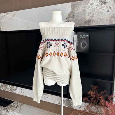 MAXMENT复古费尔岛提花粗针一字肩宽松厚实秋冬毛衣