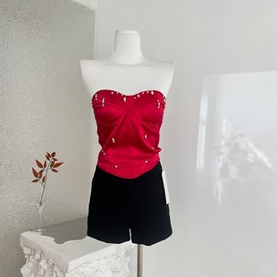 一只阿白2026新款红色烫钻鱼骨抹胸背心女纯欲性感辣妹短款上衣