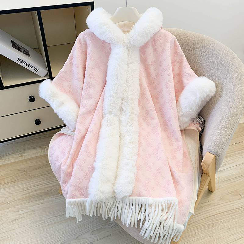 秋冬大毛领斗篷披肩配旗袍中长款外搭加绒加厚仿皮草提花流苏披风