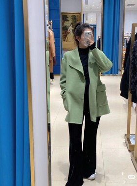 莫兰迪绿色娃娃领双面羊绒大衣女2025秋冬小个子要贷款羊毛呢子