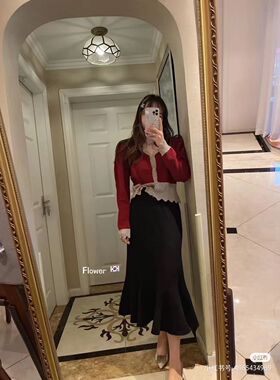 法式复古圣诞红色气质温柔风小个子长袖开衫上衣均码胸围94长55