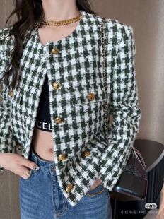 千鸟格小香风外套女士L码胸围104/50长适合90-120斤内绿格子