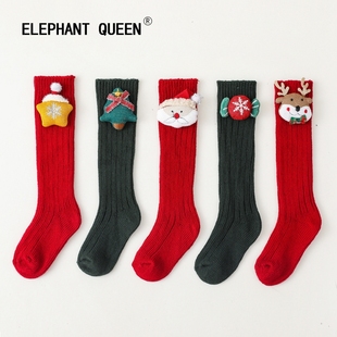 ins秋冬儿童袜子加厚棉质红色毛圈袜新生宝宝卡通公仔圣诞袜过膝