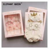 出口韩国单新生儿宝宝发带袜子4件套装 高档婴儿百日周岁宴会发带