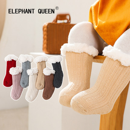 冬季超厚羊羔绒儿童地板袜纯色加绒婴儿袜子防滑软底宝宝学步袜