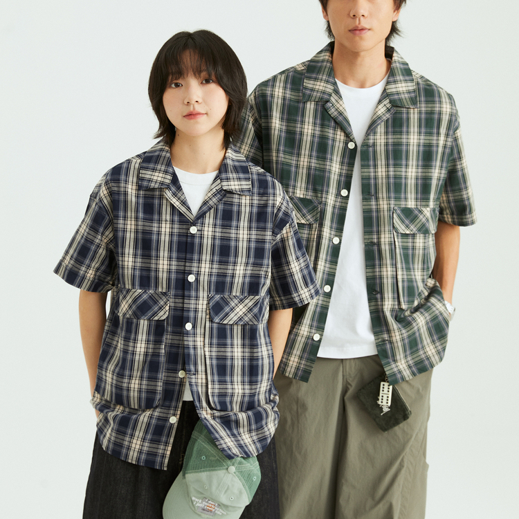OADB日系复古美式休闲宽松立体双插袋格子古巴领短袖衬衫情侣男女