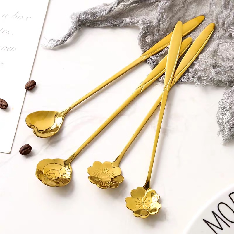 创意304可爱花朵加长金色不锈钢调料勺调酒蜂蜜搅拌勺子冰激凌勺