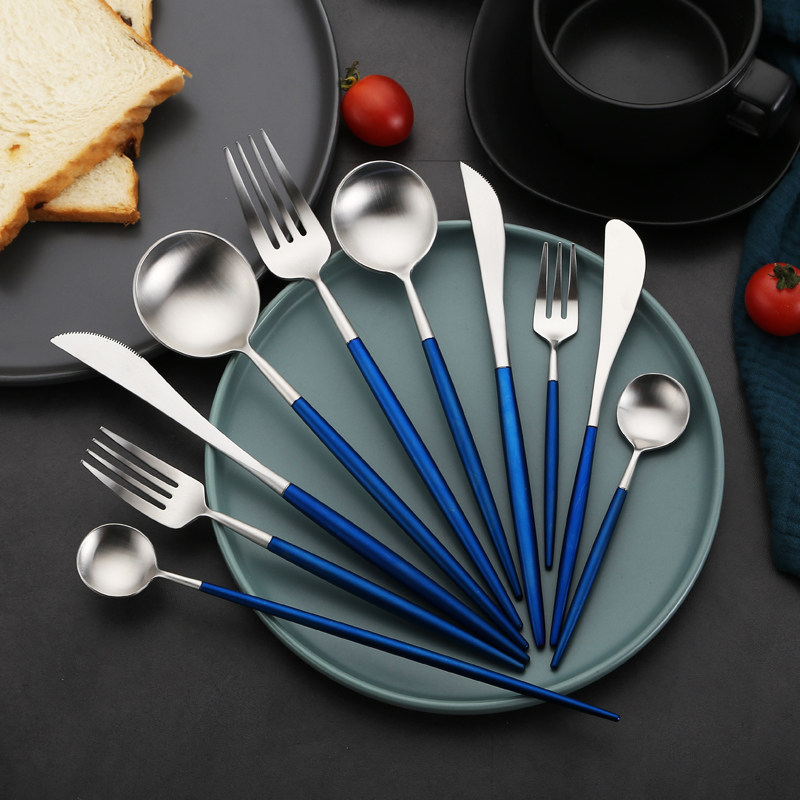 欧式葡萄牙拉丝不锈钢304西餐刀叉勺四件套家用牛排餐具刀叉套装