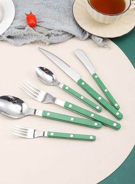 果绿色法式不锈钢304牛排刀叉勺甜品勺子西餐具四件套装商用汤勺