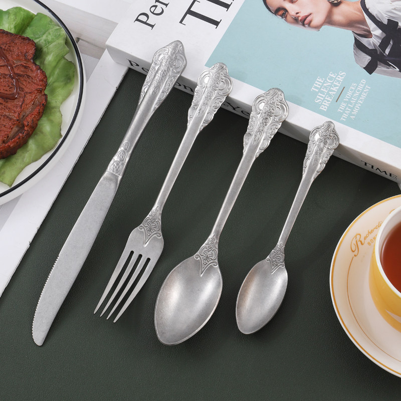 复古宫廷304不锈钢牛排刀叉勺四件套装西餐餐具浮雕汤勺甜品勺子,餐饮具,西餐餐具套装,淘宝优惠券,粉丝福利购,淘宝优惠卷