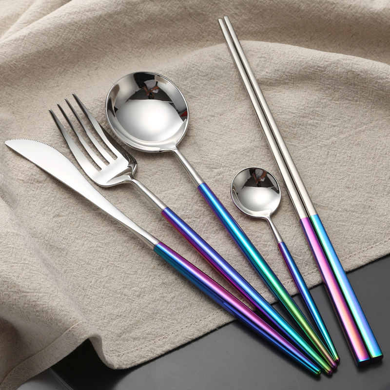 葡萄牙leon炫彩色刀叉勺筷四件套304不锈钢家用西餐牛排餐具套装