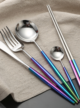 葡萄牙leon炫彩色刀叉勺筷四件套304不锈钢家用西餐牛排餐具套装