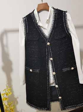 春季大码长款遮肚子小香风马甲时尚蕾丝亮片边90厘米长V领外套潮