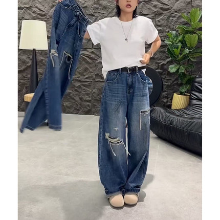 蓝色假破洞直筒牛仔裤女2026春夏季新款街头风高腰显瘦百搭阔腿裤