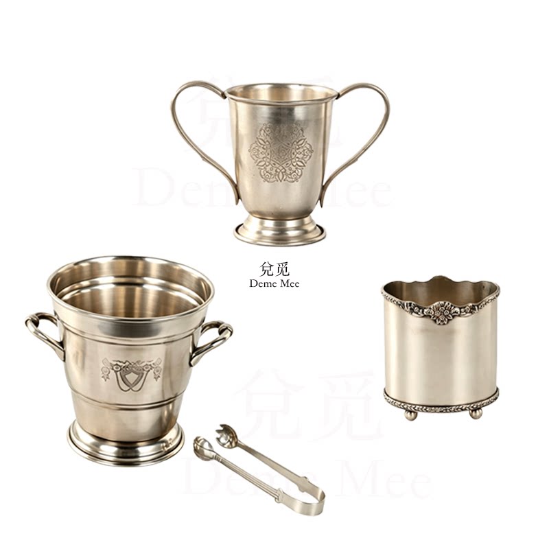 兌觅法式复古黄铜镀银酒桶摆件