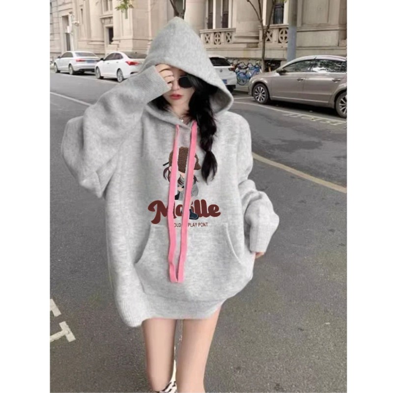 美式灰色连帽卫衣女春秋新款慵懒风小个子卡通印花冬季百搭套头衫