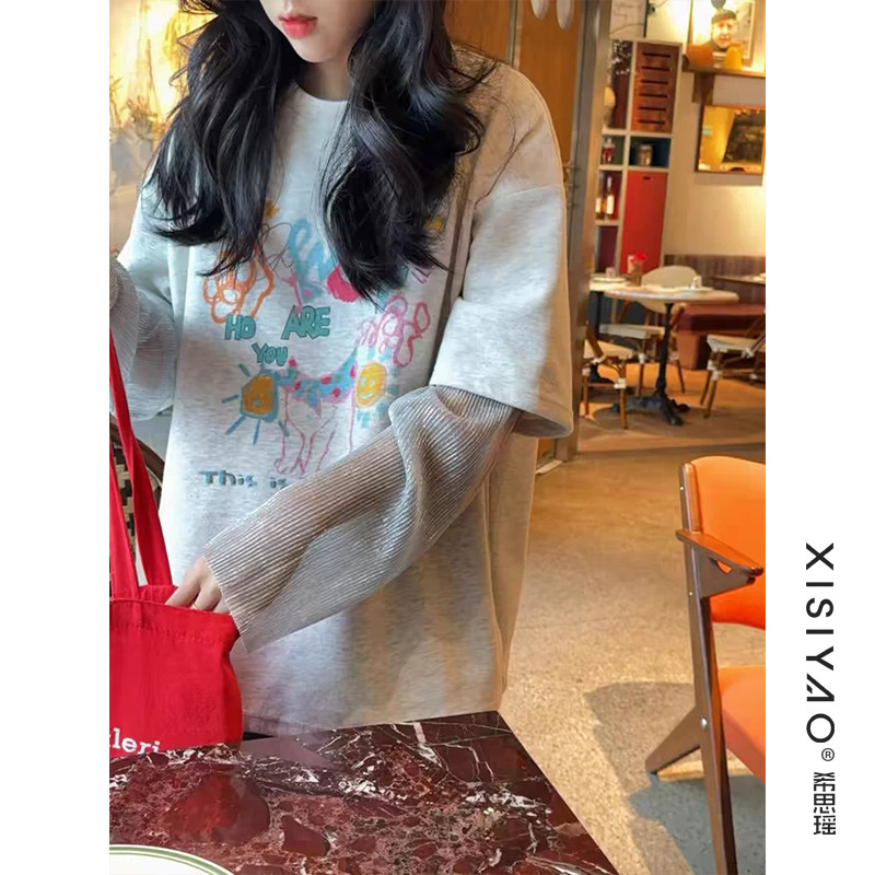 卡通印花蕾丝拼接假两件T恤女2026春季新款韩国东大门圆领休闲T恤
