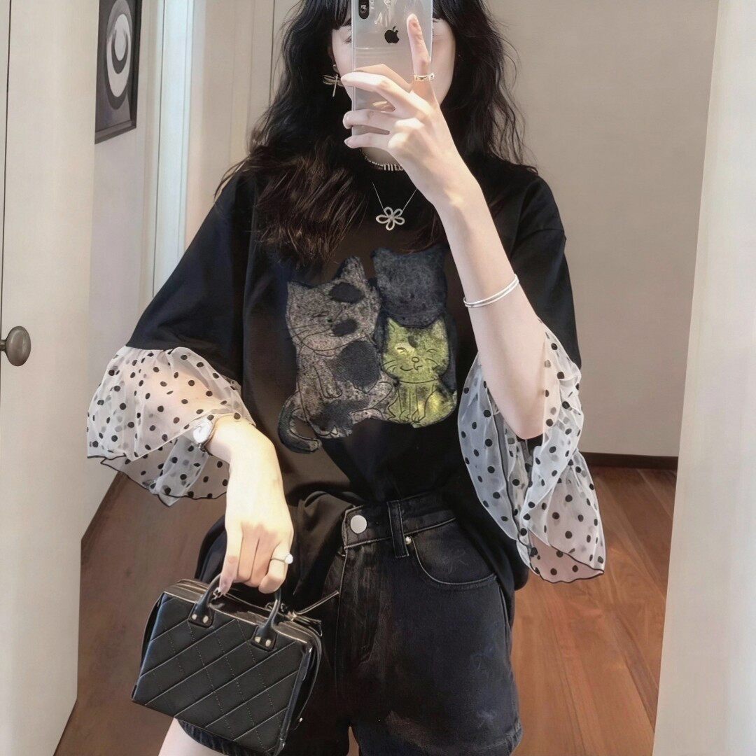 韩国东大门夏季新款减龄大码T恤女卡通印花网纱波点拼接短袖上衣