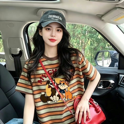 美式设计感小众条纹印花T恤女