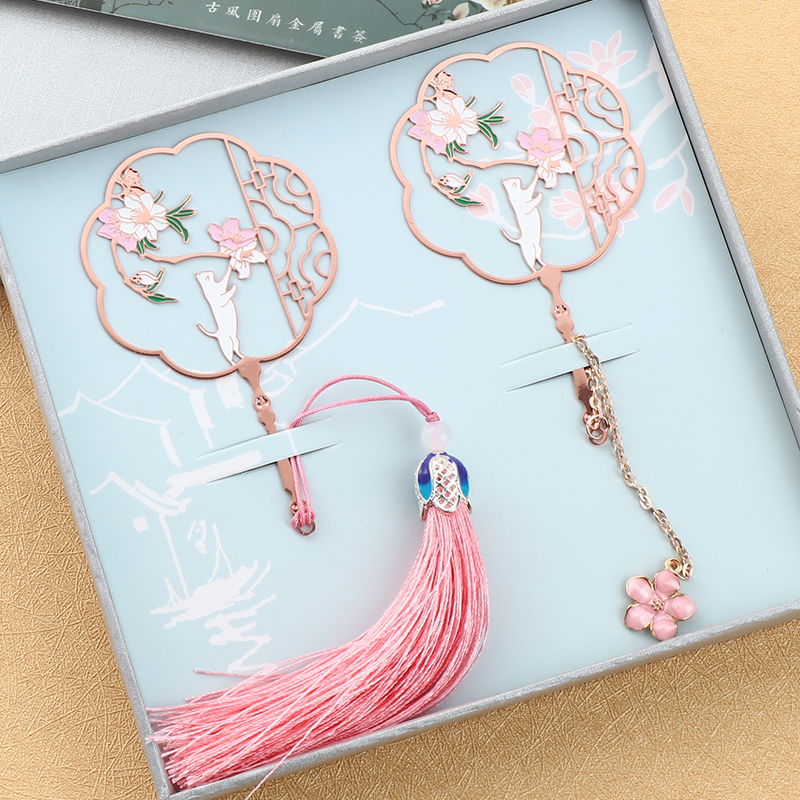 桃花猫咪流苏团扇书签中国风古典小清新礼品文创创意学生用定制