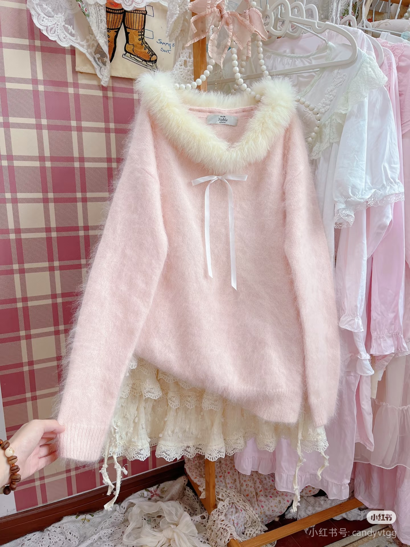 甜美温柔蝴蝶结套头毛衣女秋冬软糯仿水貂绒针织衫慵懒毛毛领上衣