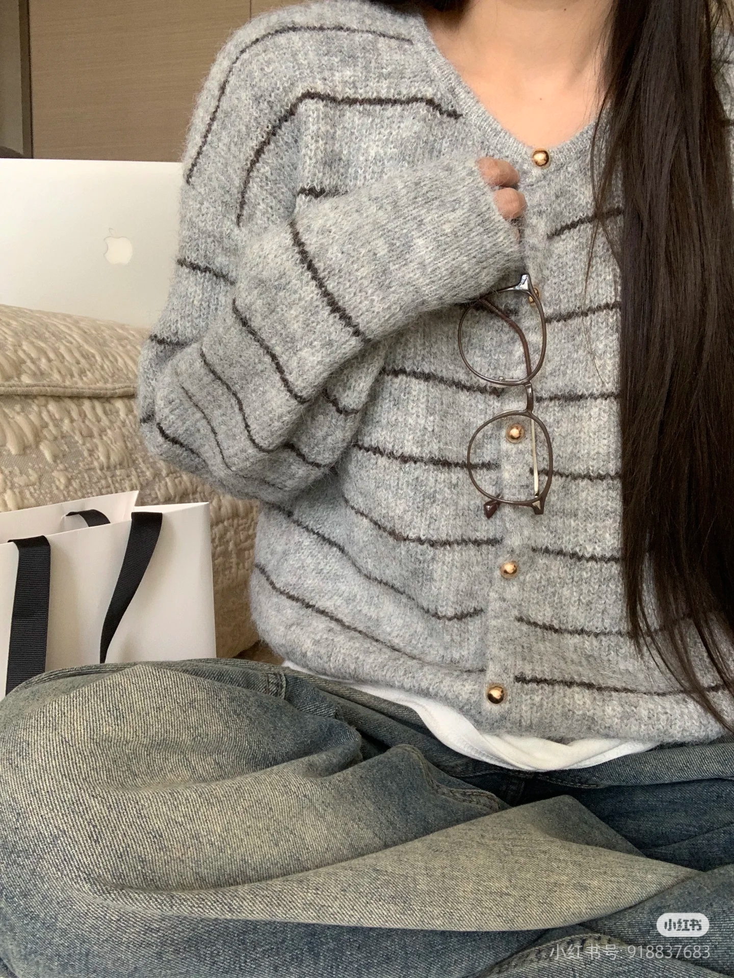 软糯宽松慵懒风圆领条纹针织开衫