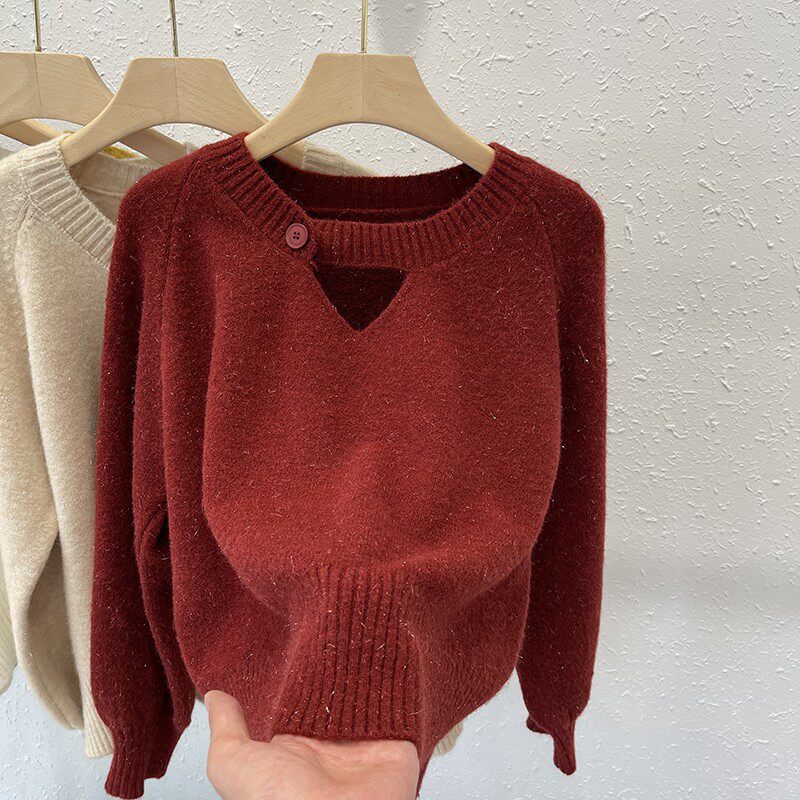 红色毛衣女2023春秋新款慵懒风日系复古镂空针织衫内搭温柔打底衫
