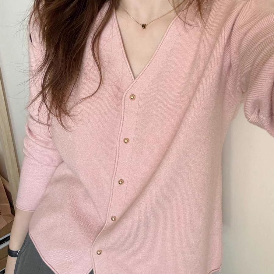 春秋款针织开衫女温柔粉色V领减龄薄款毛衣小众设计感宽松上衣潮