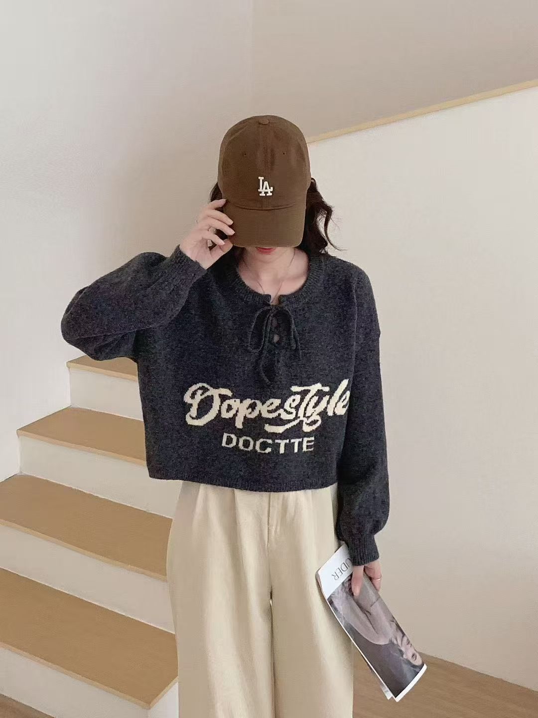 字母短款复古日系毛衣女宽松外穿秋冬季松弛感软糯别致针织衫外套