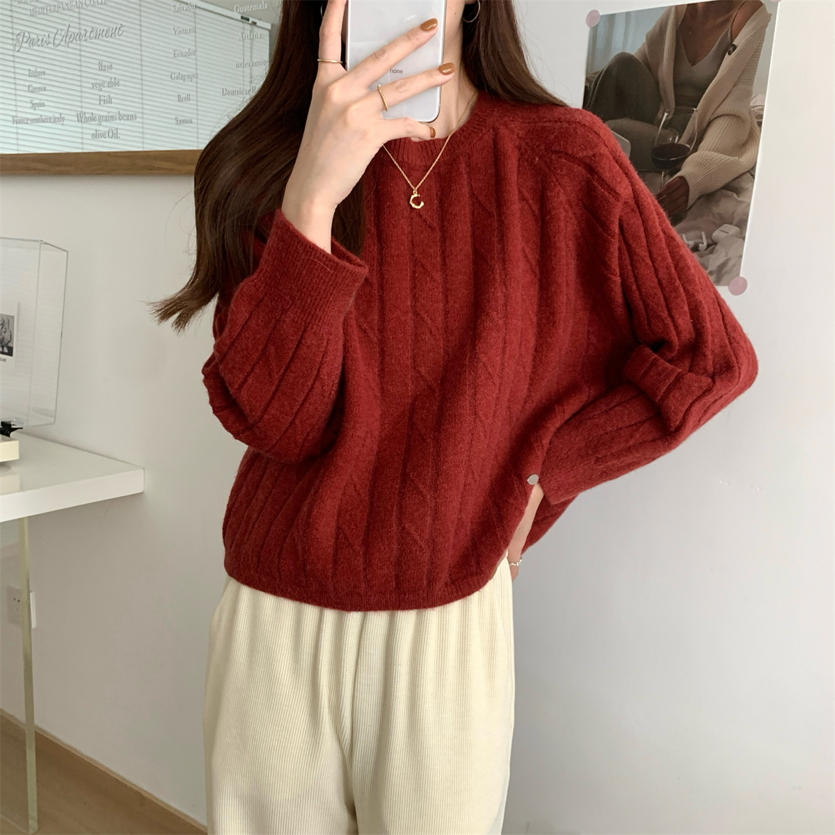 春秋慵懒风针织麻花毛衣复古