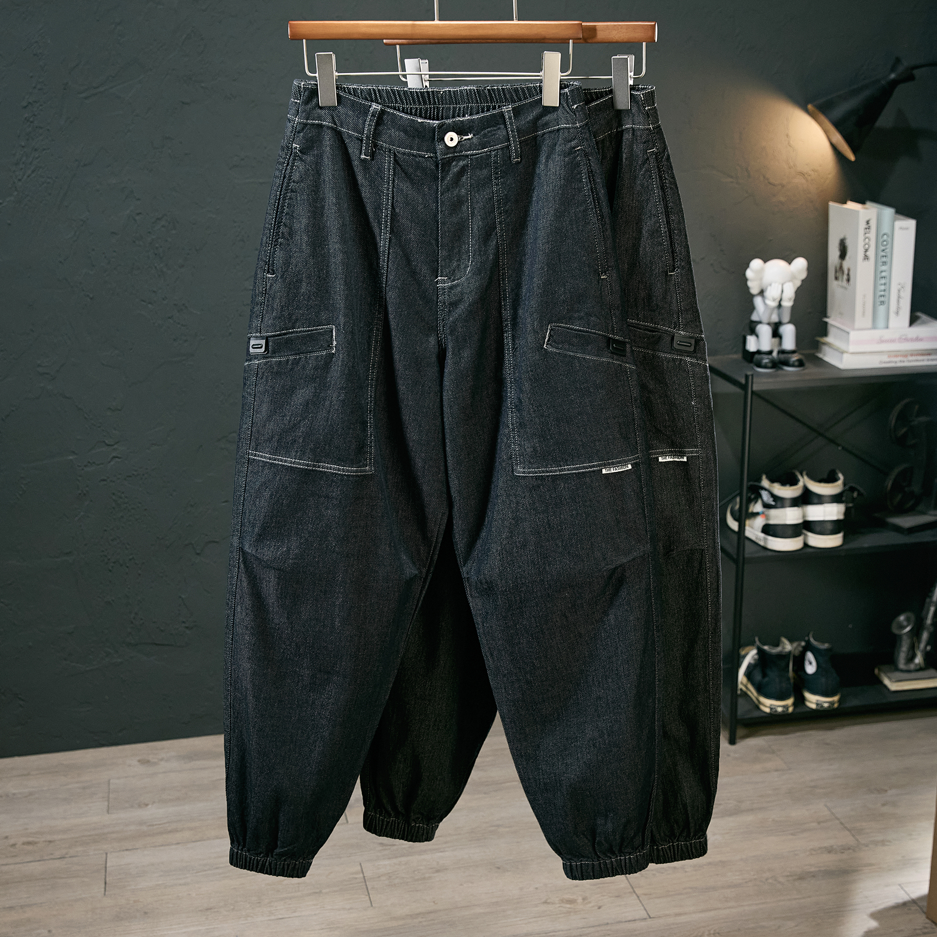 秋季新款弹力宽松阔腿哈伦牛仔裤男黑色复古水洗高品质束脚工装裤