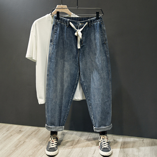 复古宽松直筒加绒男裤 蓝色松紧腰阔腿牛仔裤 子男日系高街春秋季 裤