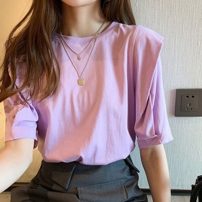 Bubble sleeve top for sweet girls! Korean loose white T-shirt short sleeve T-shirt