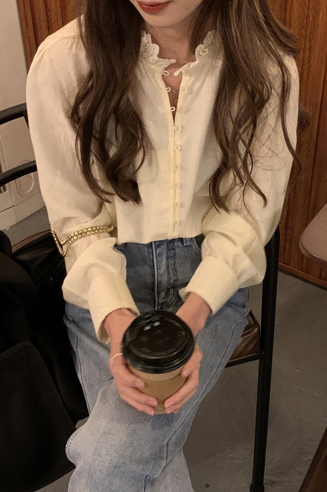 最小的海 韓版蕾絲花邊襯衣襯衫女外套百搭寬鬆顯瘦打底長袖上衣